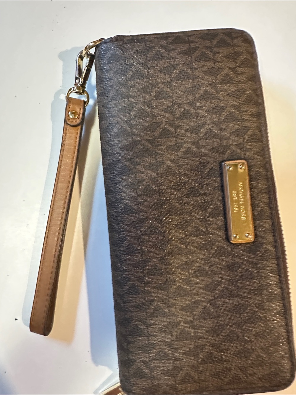 MICHAEL Michael Kors Brown Logo Zip Wristlet with Gold Plate